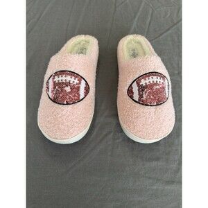 Sole Mates Women’s Pink Slip-On Faux Fur Slippers w/ Footballs  US 9 House Shoe